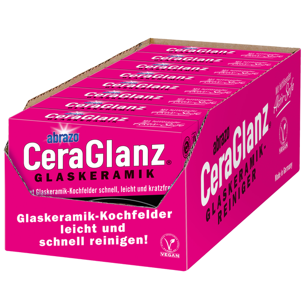 Displaykarton mit Packungen Abrazo CeraGlanz Glaskeramikreiniger zur Reinigung von Kochfeldern, vegan.