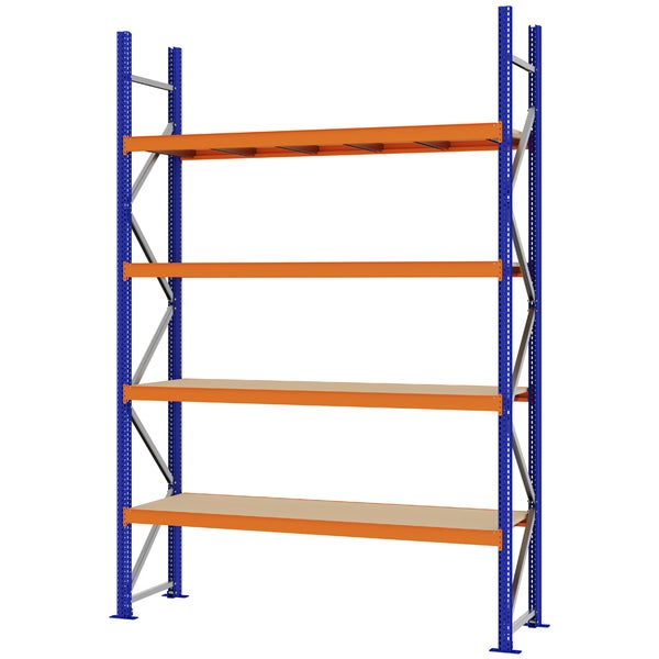 Weitspannregal mit vier Ebenen aus Holz und einem stabilen Metallrahmen für Werkstatt oder Lager.