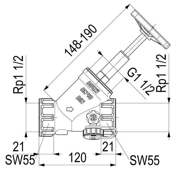 Technische Zeichnung eines Schrägsitzventils mit Bemaßung, DN 40, Rp 1 1/2 Zoll, Einbaulänge 120 Millimeter.