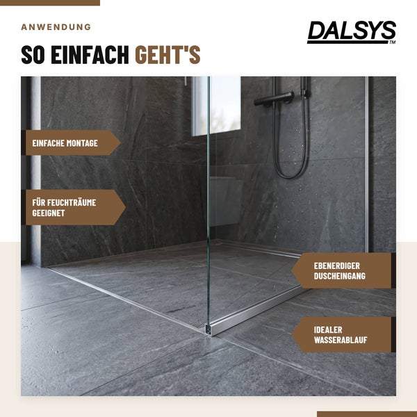 Dalsys Logo und Infografik zur Montage eines bodengleichen Duschelements mit Hinweisen zur Eignung für Feuchträume und Wasserablauf.