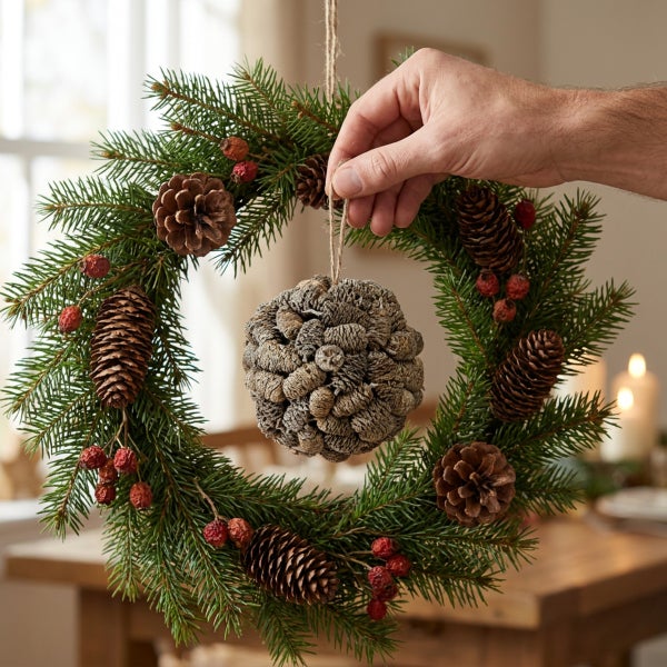 Weihnachtskranz aus Tannenreisig dekoriert mit Tannenzapfen und Beeren, in der Mitte ein hängender Zapfenball
