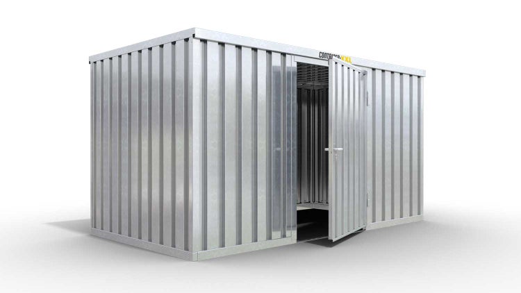 Lagercontainer Gerätehaus XXL  – 12 qm, H2115 x B6080 x T2170 mm, verzinkt, ohne Fußboden, 1270 mm Einflügeltür mittig in Breitseite, zerlegt