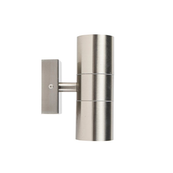 Zylindrische Außenwandleuchte aus gebürstetem Edelstahl mit Lichtaustritt nach oben und unten.