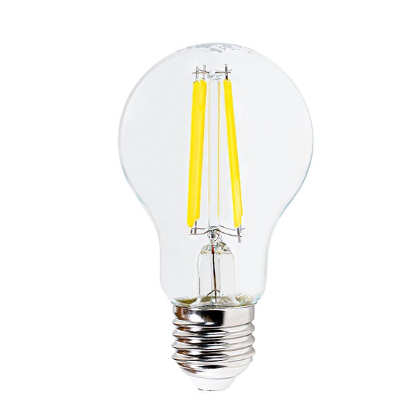 LED-Filament-Leuchtmittel in klassischer Birnenform aus klarem Glas mit E27-Sockel.