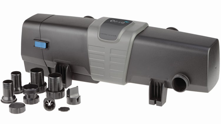 Oase UVC-Vorklärgerät Bitron aus Kunststoff in Schwarz und Grau mit verschiedenen Schlauchanschlüssen und Oase Logo.