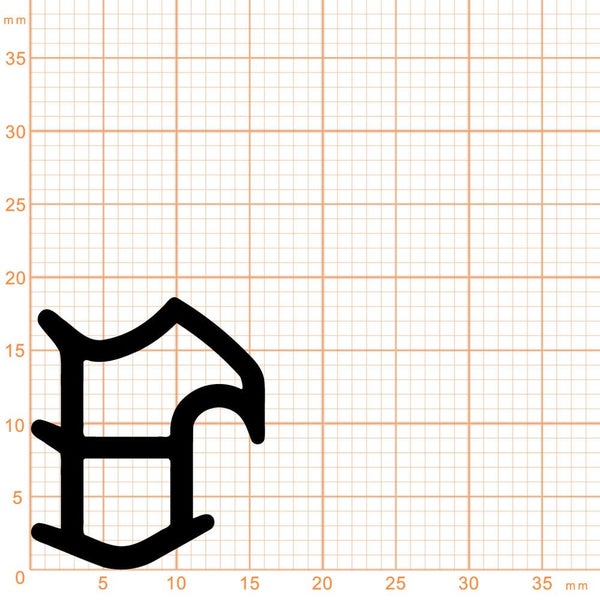 Querschnitt eines schwarzen Dichtungsprofils auf Millimeterpapier zur Veranschaulichung der Maße.