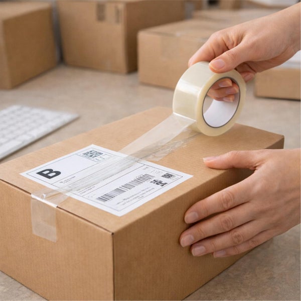 Eine Person verschließt einen braunen Karton mit Versandetikett mit transparentem Klebeband.