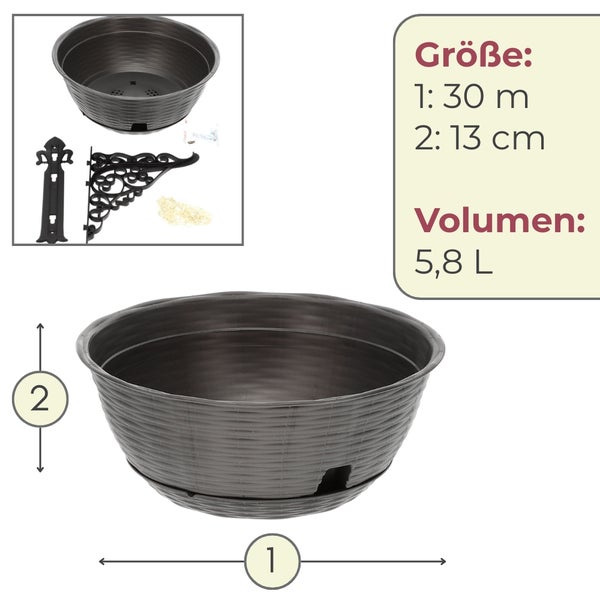 Balkonkasten mit Halterung, 30 Zentimeter Durchmesser, 13 Zentimeter Höhe und 5,8 Liter Volumen