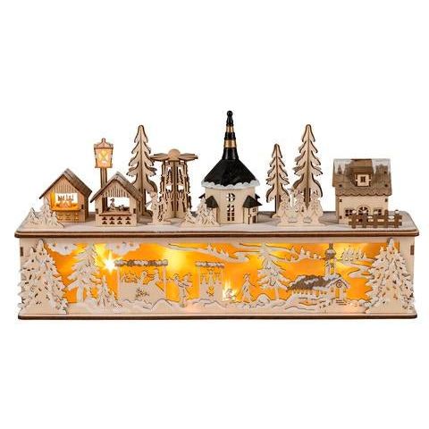 Beleuchtete weihnachtliche Holzdekoration mit Dorflandschaft und Kirche als weihnachtliche Tischdekoration für innen