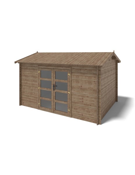 Gartenhaus aus Holz mit Satteldach und einer Doppeltür mit rechteckigen Glaseinsätzen.