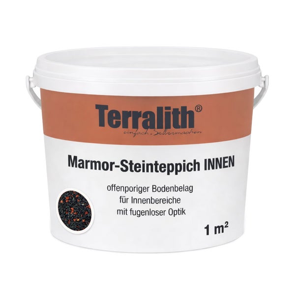 Terralith Marmor-Steinteppich Innen für circa 1 Quadratmeter, offenporiger Bodenbelag für Innenbereiche mit schwarz-orangen Steinen.