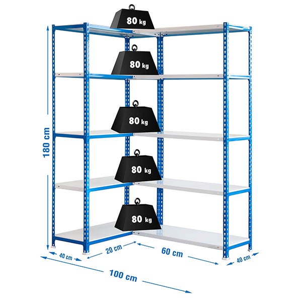 PROREGAL Eckregal Metal Shark HxBxT 180 x 100 x 40 cm Fachlast 80 kg Blau