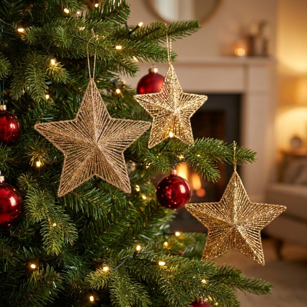 Geschmückter Weihnachtsbaum mit goldenen Sternanhängern und roten Weihnachtskugeln in einem Wohnzimmer mit Kamin.
