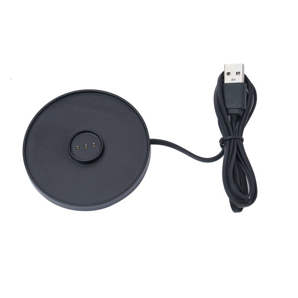 Schwarze runde Ladestation mit drei Kontaktstiften und USB-Anschlusskabel.