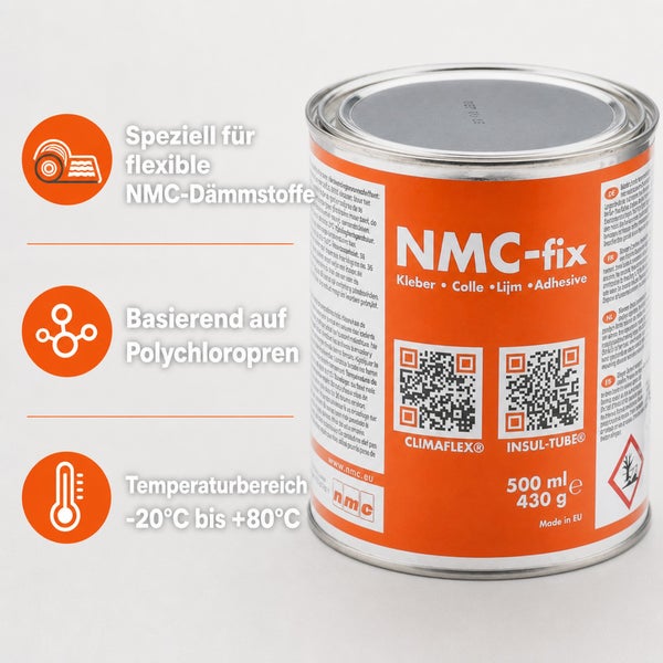 NMC fix Kleber für flexible Dämmstoffe, basierend auf Polychloropren, Temperaturbereich minus 20 bis plus 80 Grad Celsius, 500 Milliliter Dose.