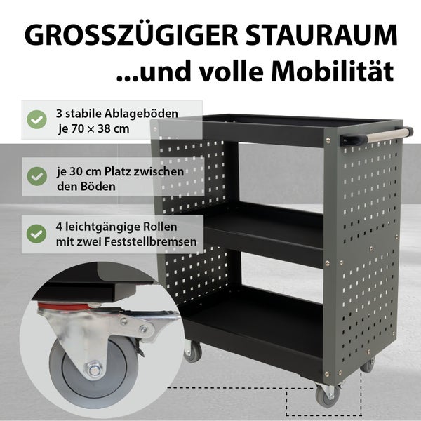 Metall Servierwagen mit drei Ablagen, vier Rollen und Feststellbremsen, ideal als Werkstattwagen oder Beistellwagen zur Aufbewahrung.
