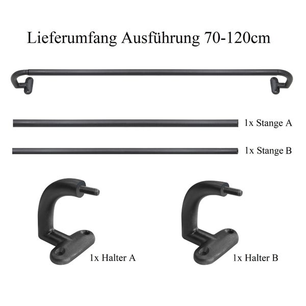 Lieferumfang der ausziehbaren Gardinenstange mit zwei Stangen und zwei Halterungen zur Wandmontage.