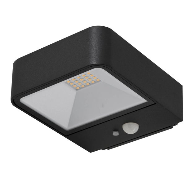 Quadratische LED-Außenwandleuchte in Schwarz mit integriertem Bewegungsmelder.