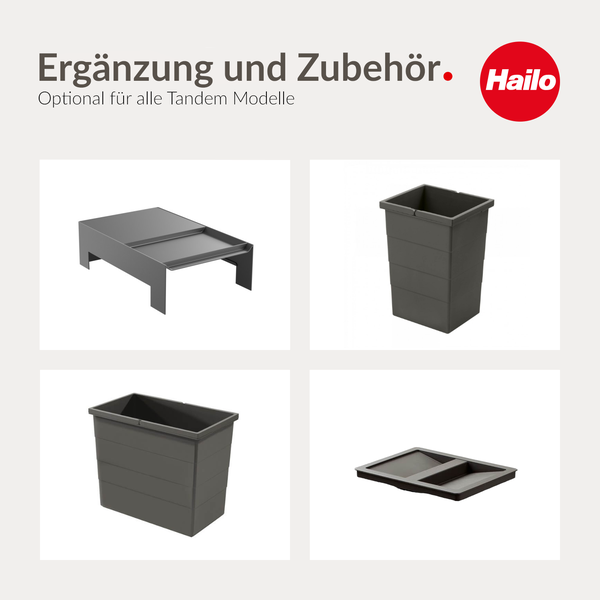 Hailo Logo, graues Zubehör für Tandem Abfallsysteme wie Behälter und Deckel, optional passend für alle Tandem Modelle.