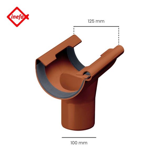 Inefa Logo. Einhängestutzen aus Kunststoff für Dachrinnen mit 125 Millimeter Breite und Fallrohre mit 100 Millimeter Durchmesser.