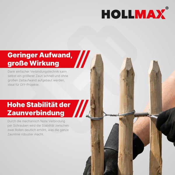 Hollmax Logo. Montage von Holzlatten eines Zauns mit Draht und Schrauben für hohe Stabilität und einfache Handhabung.
