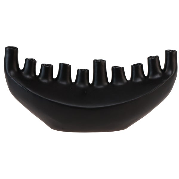 Schwarzer Keramik-Kerzenhalter in geschwungener Form mit elf unterschiedlich hohen Halterungen für Kerzen.