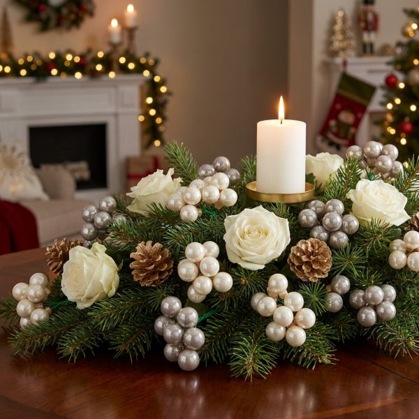 Weihnachtliches Tischgesteck mit brennender Stumpenkerze, Tannen-zweigen, weißen Rosen, Glaskugeln und Tannenzapfen in einem festlichen Wohnzimmer.