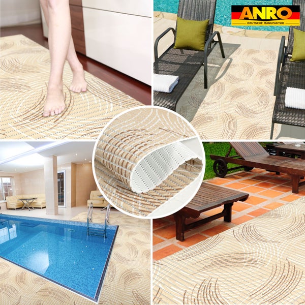 Strapazierfähiger Indoor- und Outdoor-Teppich mit Wellenmuster auf Terrasse, am Pool und im Wohnbereich mit Detailansicht der Struktur. ANRO Logo.