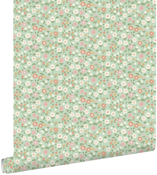 ESTAhome Tapete Blumen Grün, Terrakottarosa und Weiß - 50 x 900 cm - 139470