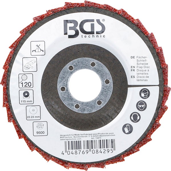 Fächerschleifscheibe mit einer Körnung von 120 und einem Durchmesser von 115 Millimeter.