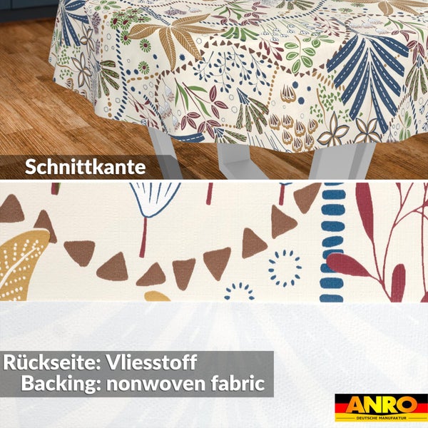 Abwaschbare Tischdecke mit Blumenmuster und geometrischen Elementen, Detailansicht der Schnittkante und der Rückseite aus Vliesstoff, ANRO Logo.