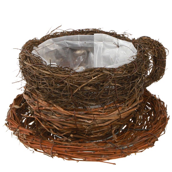 Blumenübertopf in Form einer Teetasse aus Weide mit Kunststoffeinsatz