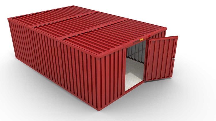 Lagercontainer Gerätehaus L3  – 25 qm, H2150 x B4050 x T6520 mm, Außenwandlackierung RAL 3000 feuerrot, Dach außen verzinkt, mit Holzfußboden, 1270 mm Einflügeltür mittig in Breitseite, montiert
