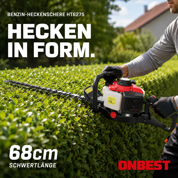 Benzin-Heckenschere ONBEST HT6275 mit 68 Zentimeter Schwertlänge beim Schneiden einer Hecke im hellen Garten. Schallleistung 110 Dezibel. ONBEST Logo.