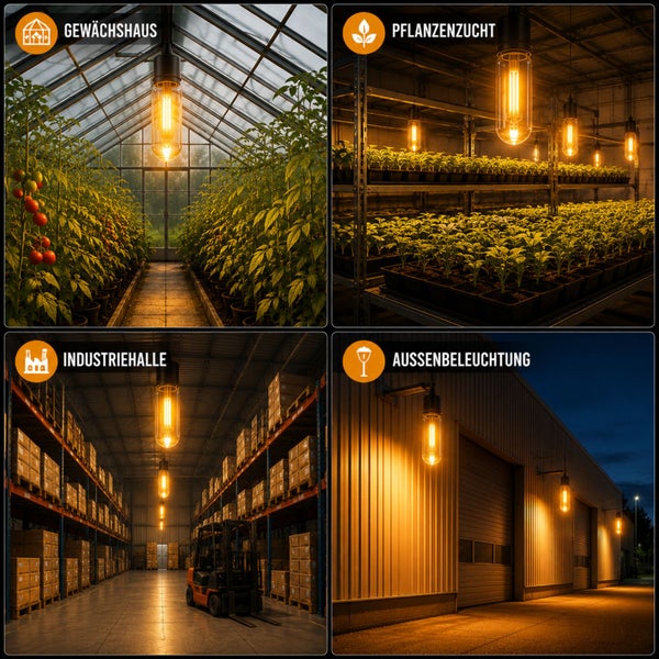 Collage zeigt vier Anwendungsbereiche der LED-Lampe: In einem Gewächshaus, bei der Pflanzenzucht, in einer Lagerhalle und als Außenbeleuchtung.