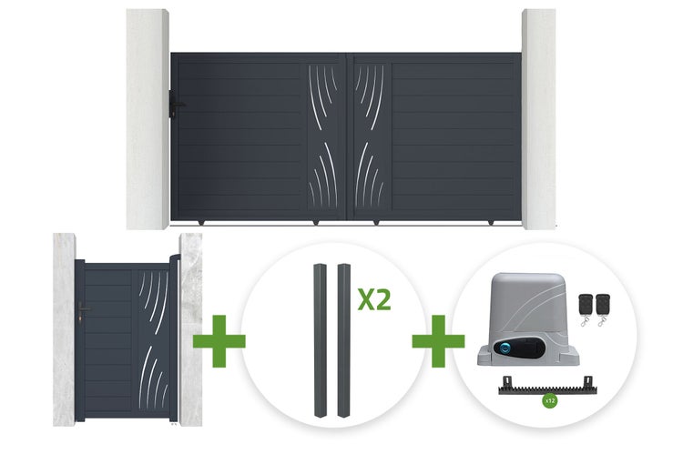 Set bestehend aus Schiebetor, Gehtür, zwei Pfosten und elektrischem Torantrieb mit Zubehör in Anthrazit mit Wellendesign.