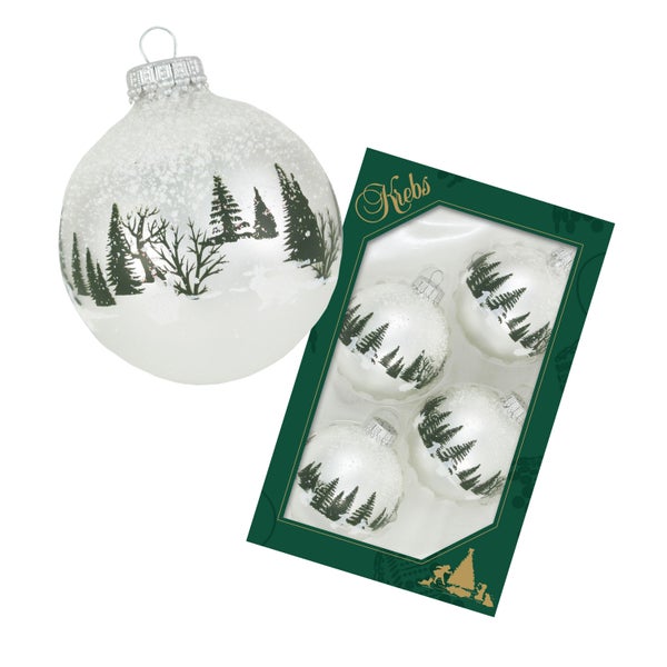 Sterling-Silber 7cm Glaskugel mit Banddeko Winterwald und Hasen, 4 Stck., Weihnachtsbaumkugeln, Christbaumschmuck, Weihnachtsbaumanhänger