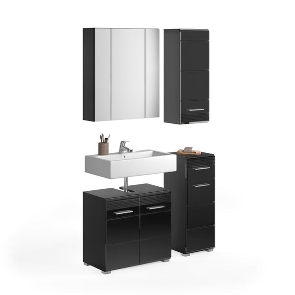 Schwarzes Badezimmermöbel-Set mit Spiegelschrank, Waschbecken, Unterschrank und zwei Beistellschränken im modernen Stil.