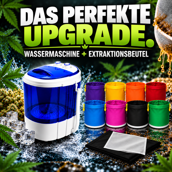 Wassermaschine zur Pflanzenextraktion inklusive Set aus mehreren verschiedenfarbigen Extraktionsbeuteln und Filtervlies.