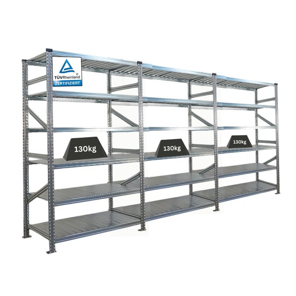 Stahlregal mit mehreren Ebenen und einer Traglast von 130 kg pro Ebene, TÜV Rheinland zertifiziert.