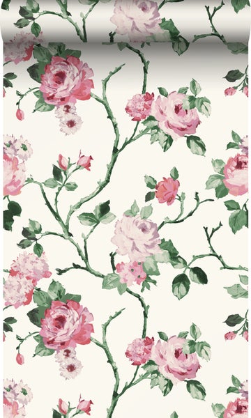 Origin Wallcoverings Tapete Blumen Crême-Weiß, Rosa und Grün - 53 cm x 10,05 m - 347434