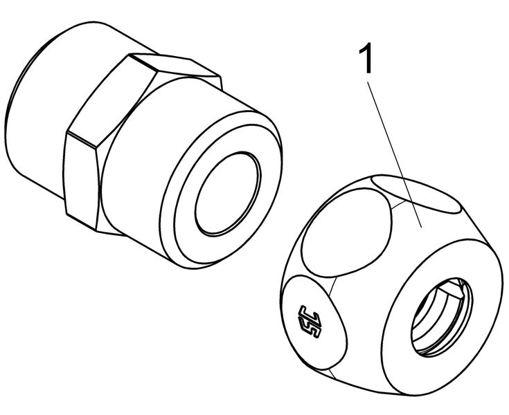 Technische Zeichnung einer Rohrverschraubung bestehend aus einem Anschlussstück und einer Kugelkomponente mit Markierung.