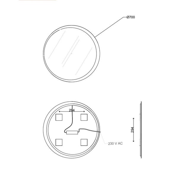 Technische Zeichnung eines runden Spiegels mit 700 Millimeter Durchmesser, Rückansicht mit 230 Volt Anschluss und Seitenansicht.