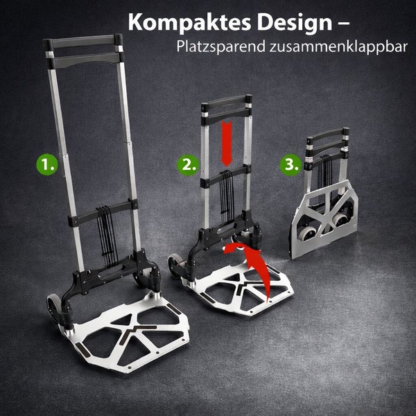 Klappbare Sackkarre aus Aluminium mit Teleskopgriff in drei Ansichten zur Demonstration der platzsparenden Faltfunktion.