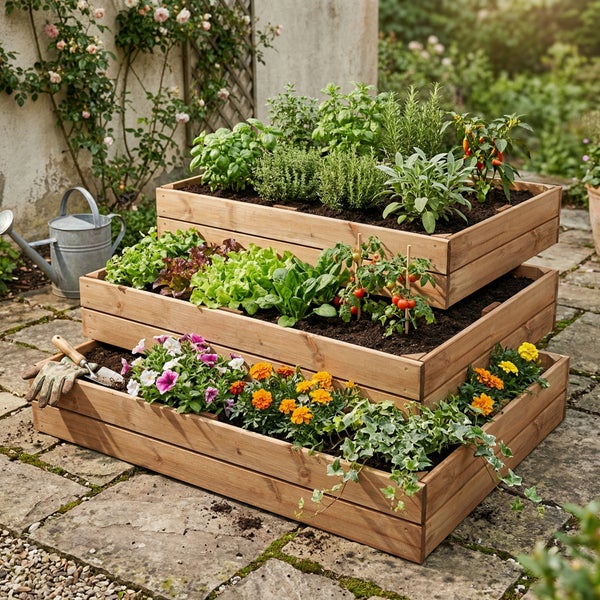 Dreistufiges Hochbeet aus Holz im Garten mit Kräutern, Salat, Tomaten und Blumen auf einer Steinterrasse.