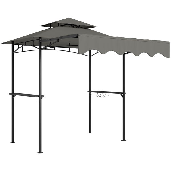 Grillpavillon aus Metall mit Doppeldach, ausziehbarer Seitenmarkise und Ablagen mit Haken für Grillzubehör.