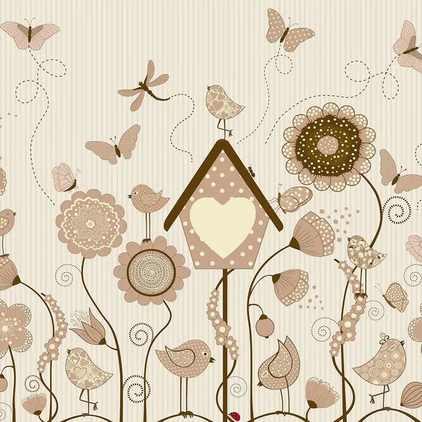 Verspielte dekorative Illustration mit Vögeln, Schmetterlingen, Blumen und einem Vogelhaus in Beige- und Brauntönen.