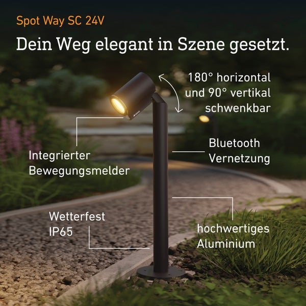 Steinel Spot Way SC 24V Außenleuchte aus Aluminium, 180 Grad horizontal und 90 Grad vertikal schwenkbar, Bewegungsmelder, Bluetooth, IP65 wetterfest.