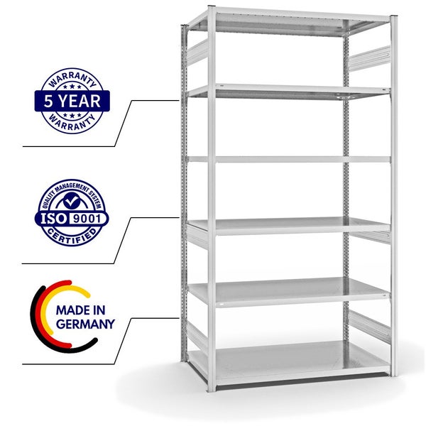 PROREGAL Fachbodenregal Stecksystem T-Profil Heavy-Duty Grundregal HxBxT 250 x 130 x 80 cm 6 Ebenen Fachlast 330 kg Beidseitig Nutzbar Lichtgrau