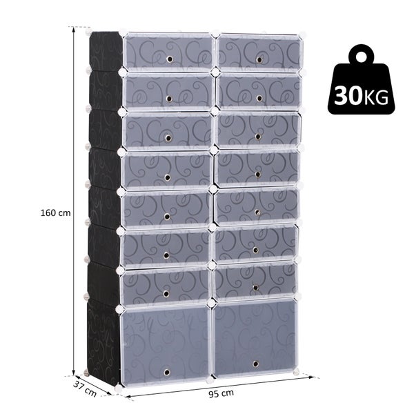 HOMCOM Schuhschrank DIY Schuhregal Garderobe Regalsystem Steckregal Garderobenschrank 16 Fächer aus PP Schwarz + Weiß 95 x 37 x 160 cm